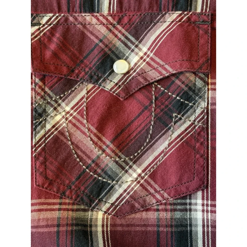 Men's True Religion Long Sleeve Plaid Pearl Snap Western Shirt Maroon Size XL